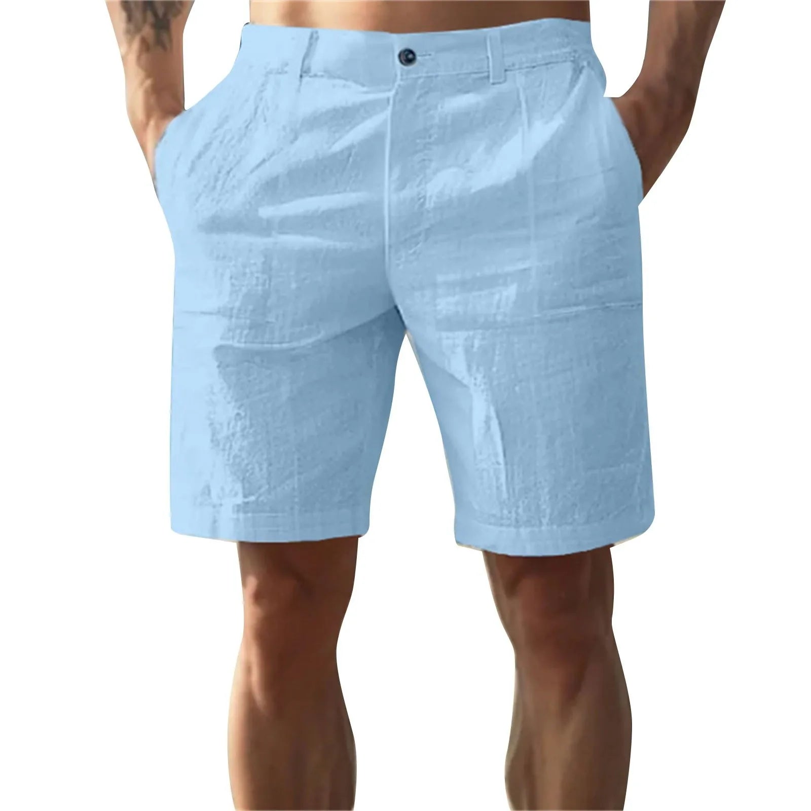 Calças Masculinas de Linho com Cor Sólida Casuais para Praia, Respiráveis, Confortáveis e Retas, Curtas, Estilo Havaiano para Férias de 2025