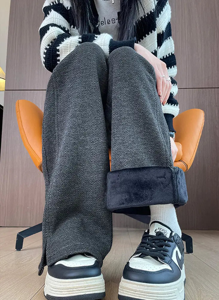 Thickened Woolen Straight Leg Pants Womens High Waist Wide Leg Trousers Autumn Winter Casual Pants Pocket Design Cotton Blend 1 - 4xl recommended 72.5-80kg Oatmeal color [spring and autumn]