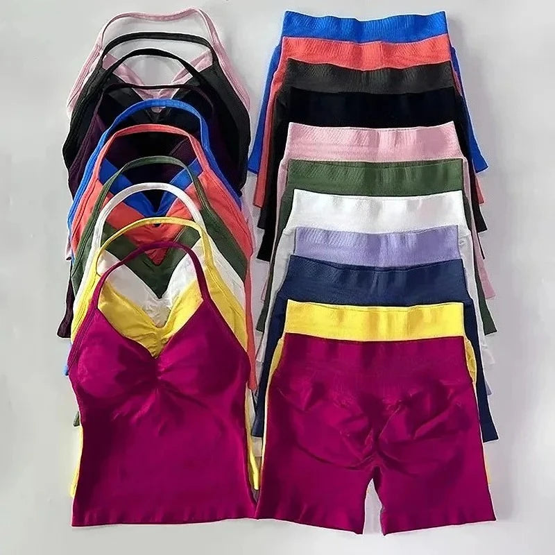 Conjuntos de Academia Femininos 2 Peças Impacto Sem Costura Fitness Yoga Roupa Esportiva Halter Top Shorts Roupa de Treino Corrida Roupa de Academia