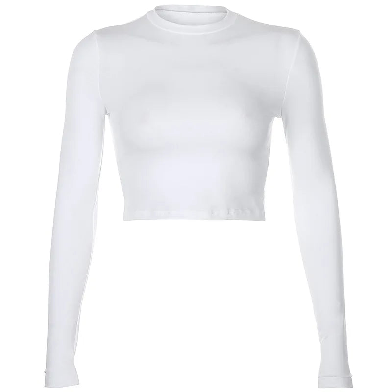 Camiseta Feminina Manga Comprida Básica Lisa Casual Preta Branca Top Curto Fashion Camiseta Feminina Moda Coreana - preto P