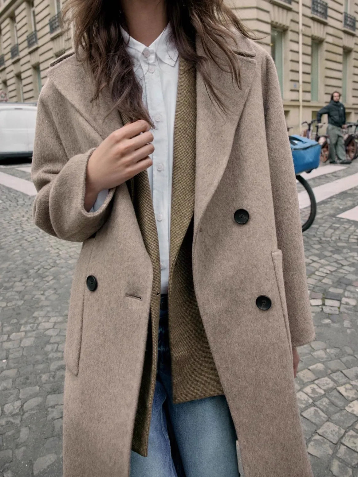Fashionable Double-Breasted Long Woolen Coat Deep Coffee Color Double-Faced Large Collar Women's Premium Quality Outerwear
