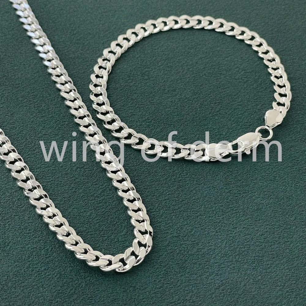 50-60cm 925 Sterling Silver 7mm Men's Cuban Sideways Necklace Bracelet Set Luxury Quality Jewelry Accessories