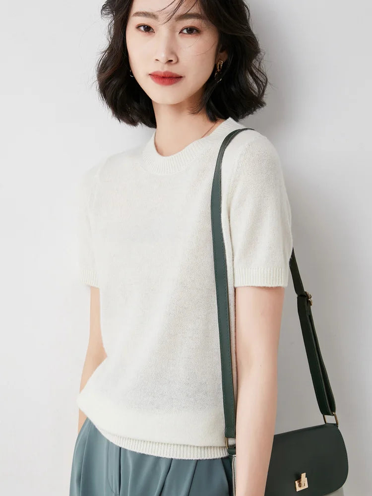 Summer New Loose Short Sleeve Knitted Woolen T Shirt Womens Thin Cotton V Neck Half Sleeve Top Outerwear Commute Style 1 - Xl Pink