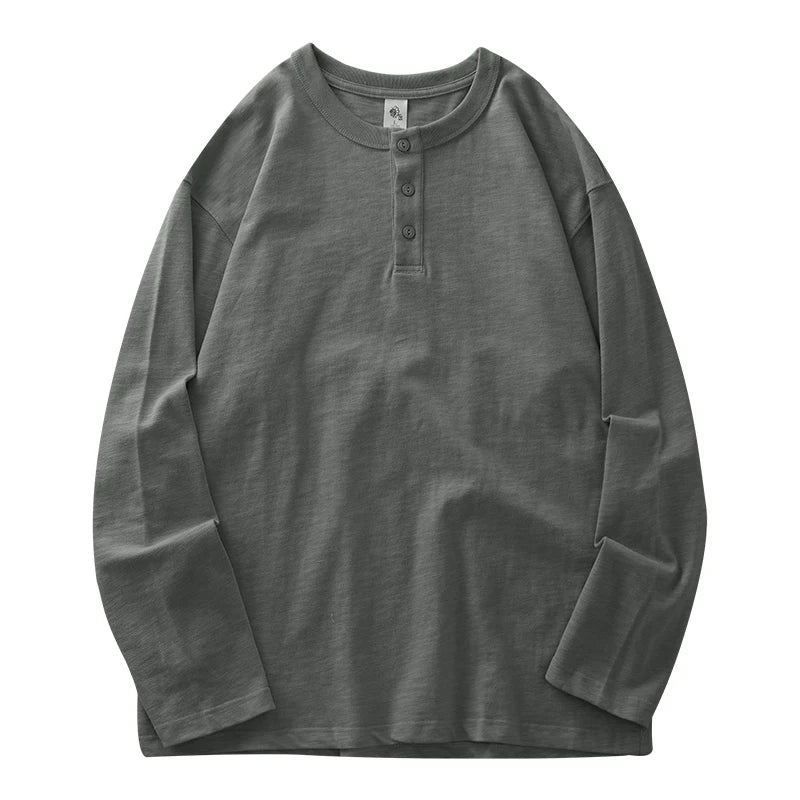 Dukeen 320G Heavyweight 100% Cotton Henley Neck T Shirt for Men Long-Sleeved Spring Autumn Casual Tops Solid Color Undershirts