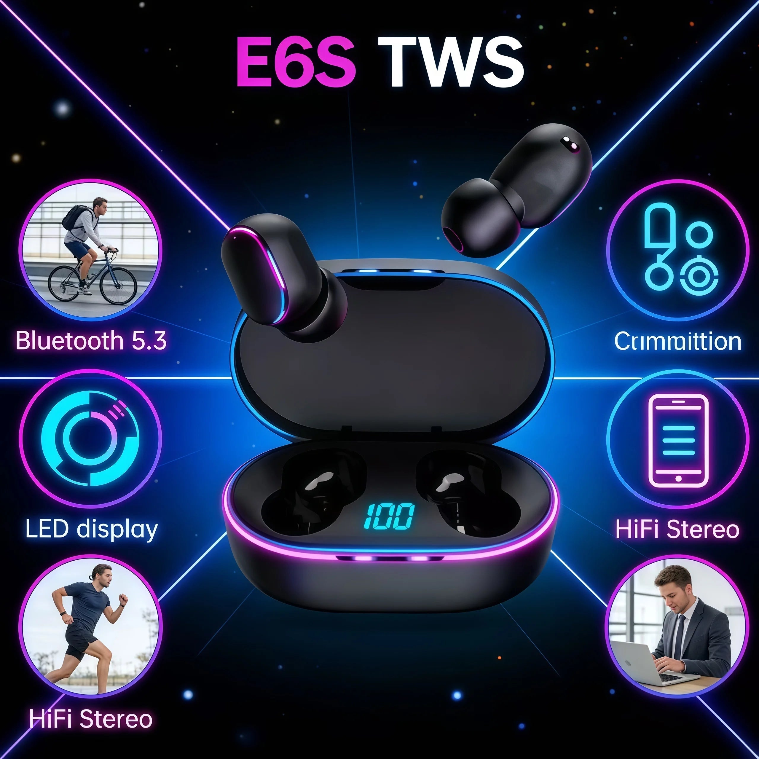 Os fones de ouvido Bluetooth E6STWS são fones de ouvido musicais Bluetooth sem fio e com cancelamento de ruído adequados para Android e iOS.