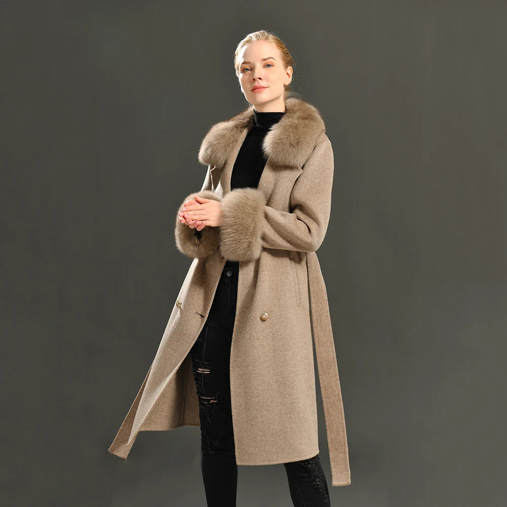 Jxwatcher Cashmere Lã Casaco Primavera Real Fox Colarinho Casaco de Lã de Trincheira Mulheres Inverno Casaco Quente Venda Longo Estilo Casacos de Lã
