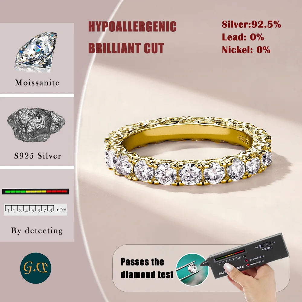 2.1ctw 925 Sterling Silver Gold Plated Heart-Shaped Moissanite Ring Luxury Hollow-Out Eternal Band Hot Fashion Jewelry Accessory