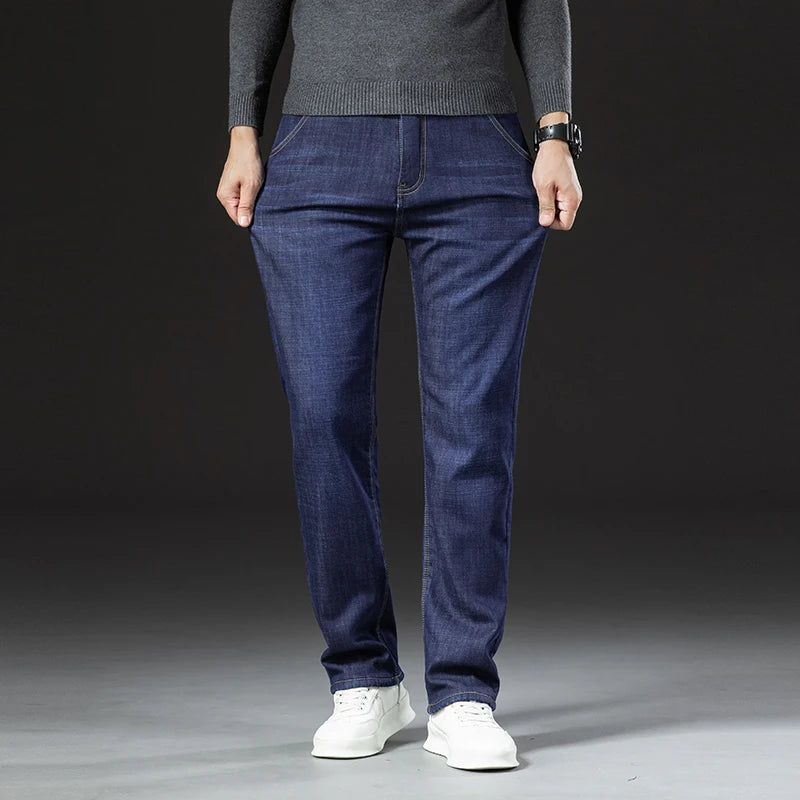 Inverno Cordeiro Flanela Jeans Reto Masculino Engrossar Tamanho Grande 40 Calças Jeans Cintura Alta Jeans Elástico Forrado de Lã Quente Slim Vaqueros