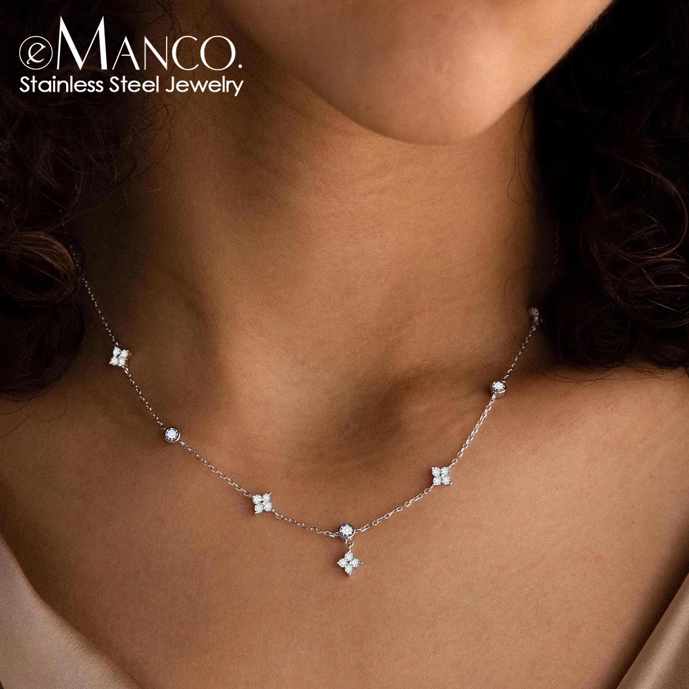eMancoAço Inoxidável Zircônia Flor Encantos Colares Para Mulheres Elegante Luxo Banhado a Ouro Corrente Colar gargantilha Jóias