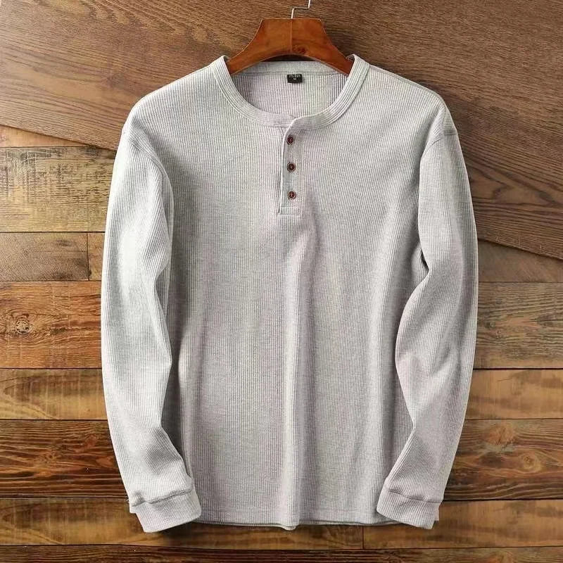 Camiseta Masculina Slim Fit Básica Casual Camisas Henley Waffle Manga Longa Camisas Térmicas Sólidas Meio Botão Respiráveis de Algodão