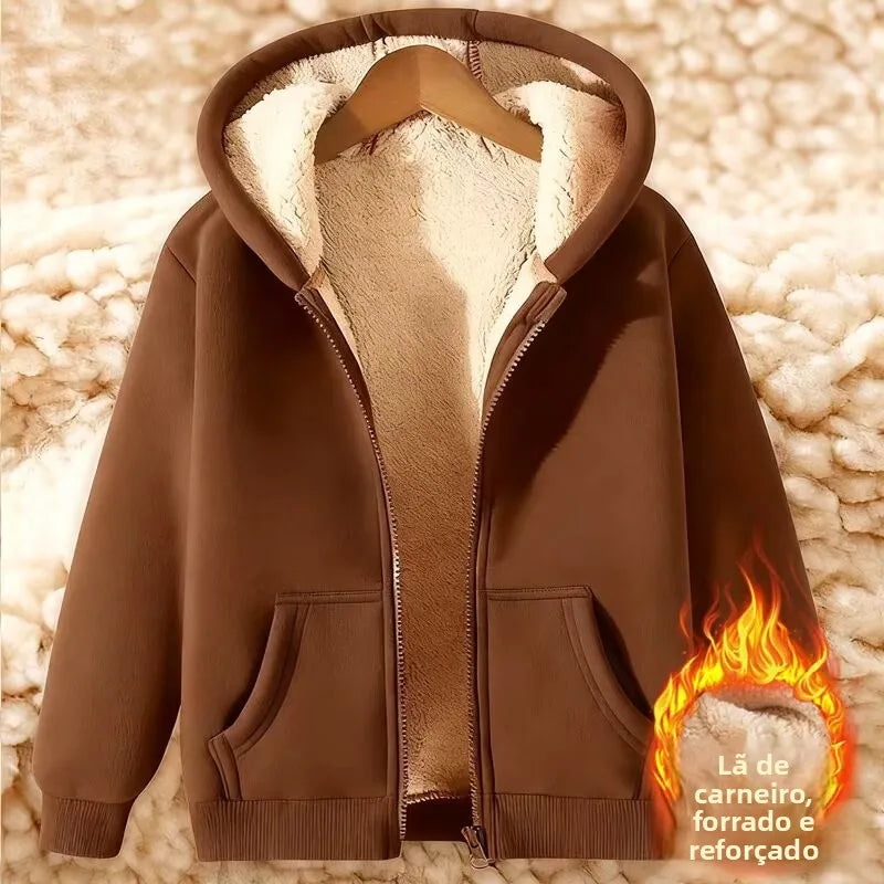 Casaco Feminino Grosso de Veludo de Cordeiro Aberto Cardigã com Capuz Zíper Solto Agasalho de Inverno Moletom Moderno Quente Tamanho Grande
