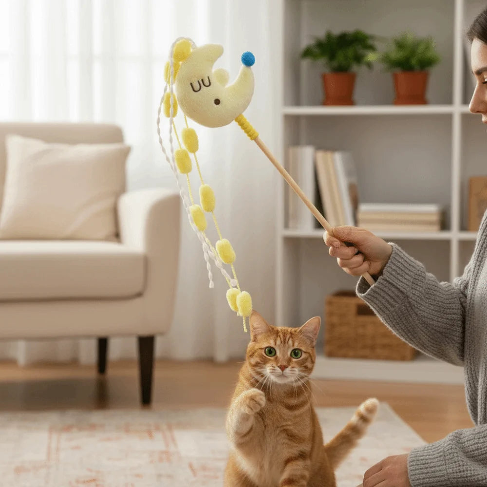 Funny Cartoon Stars Cat Teaser Stick Moons Sounding Cat Teasing Pole with Tassels Long Handle Pet Teaser Relieving Boredom