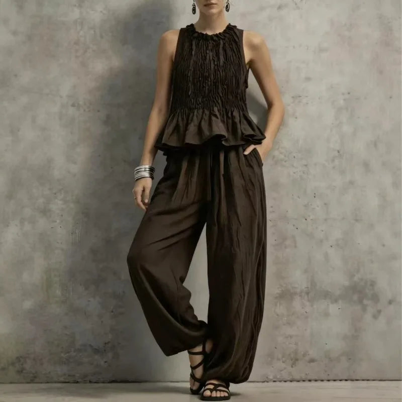 Conjunto Feminino Vintage 2 Peças Retrô, Blusa Plissada com Elástico Franzido sem Mangas e Calças Wide Leg com Manga Bufante, Conjunto Casual de Verão para Descansar em Casa