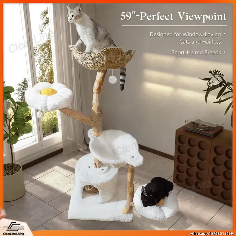 Solid Wood Cat Tree Tower with Spacious Condo Flower Perches Pom Poms Scratching Posts Cozy Bed for Indoor Cats Kitten Play