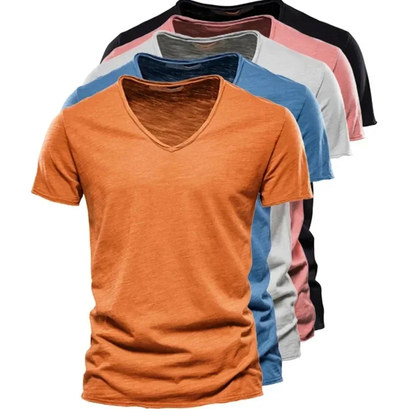 Men's 100% Cotton V-Neck T-Shirt Slim Fit Short Sleeve Fashion Fitness Tee S-5XL