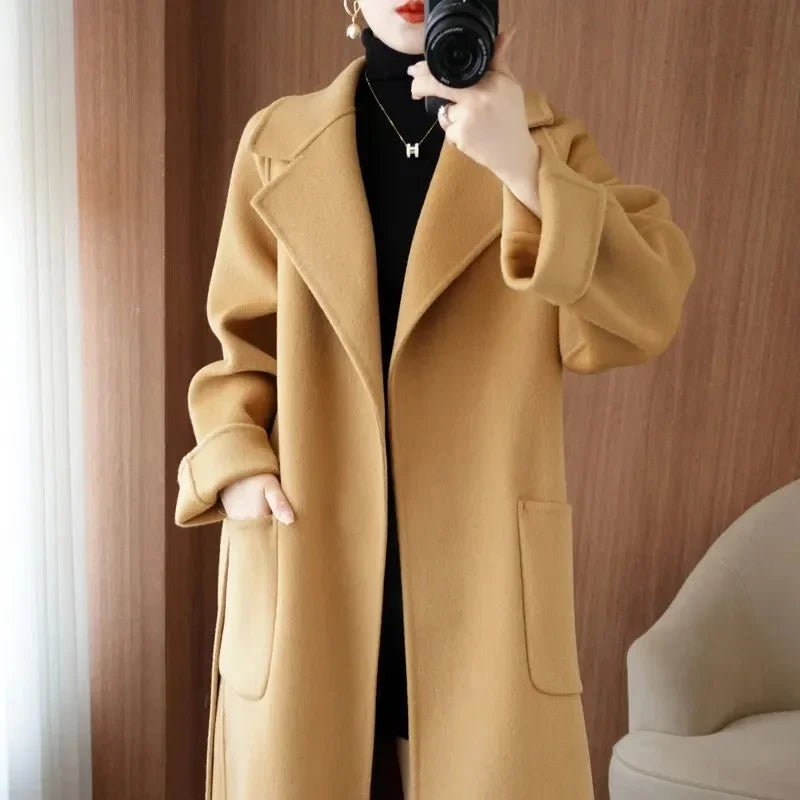 Sobretudo 100% Lã Feminino 2026 Moda Outono/Inverno Temperamento Casacos de Cashmere Dupla Face com Cinto Sobretudo Longo Elegante