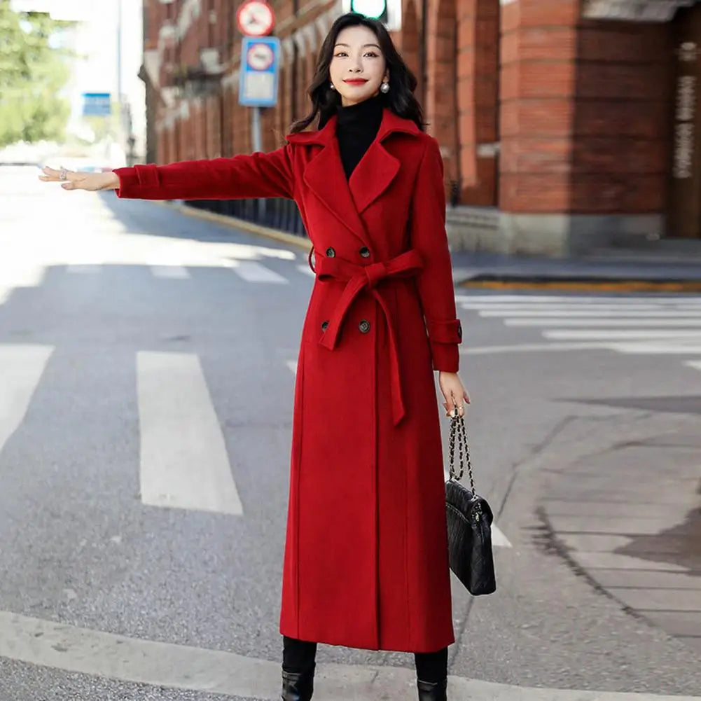 Sobretudo de Inverno Elegante Abotoamento Duplo Cinto na Cintura Jaqueta Longa de Lã Moda Térmica Grossa Feminina Trench Coat de Lã de Inverno