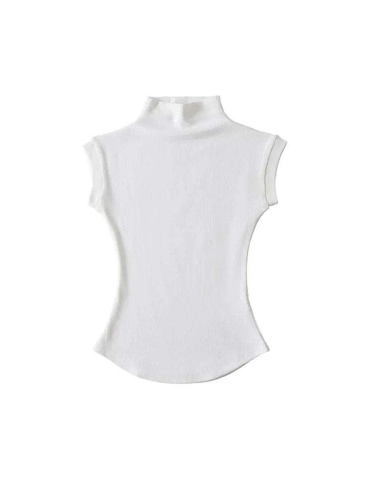 Mulheres Verão Sexy Gola Alta Regata Blusas Sólida Slim Fit Pulôver Casual Camisetas Femininas Streetwear Básicas - preto L