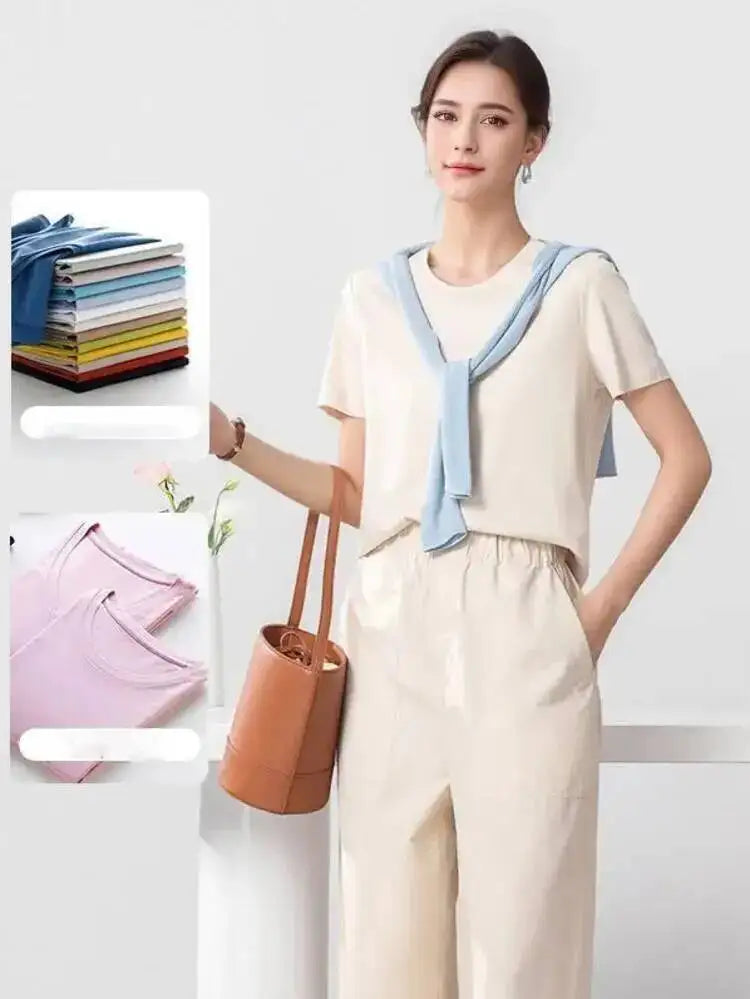 Summer 6 Mulberry Silk Cotton T Shirts Women Loose Round Neck Short Sleeve Luxury Tee Solid Color Basic Tops - v Collar Black M