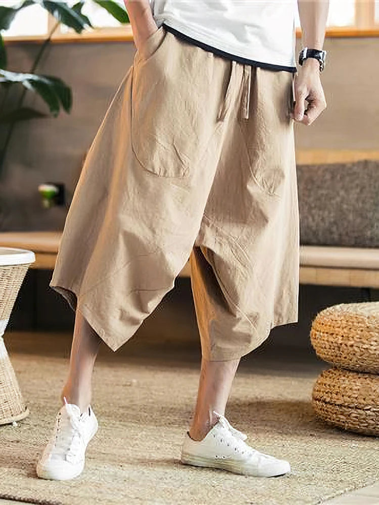 Shorts Casuais Masculinos de Verão Finos de Praia em Algodão Linho Japoneses de Perna Larga Folgados Capris Calças Masculinas Esportivas de Corrida 2025 Novo