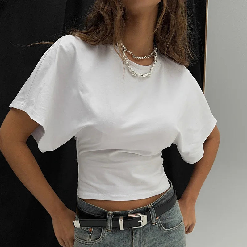 Camiseta Cropped Cinza Sólida Casual Fashion 2025 Roupas Femininas Gola O Tops Estilo Corset Streetwear Meninas Primavera Verão Camisetas Curtas - BRANCA M