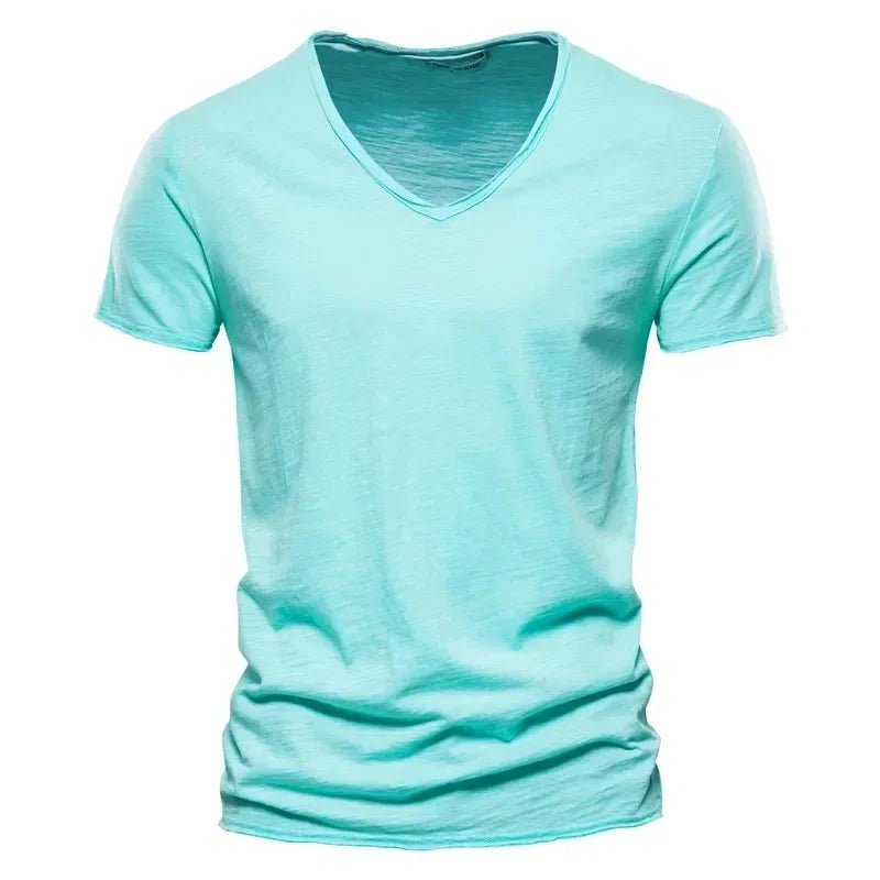 Men's 100% Cotton V-Neck T-Shirt Slim Fit Short Sleeve Fashion Fitness Tee S-5XL