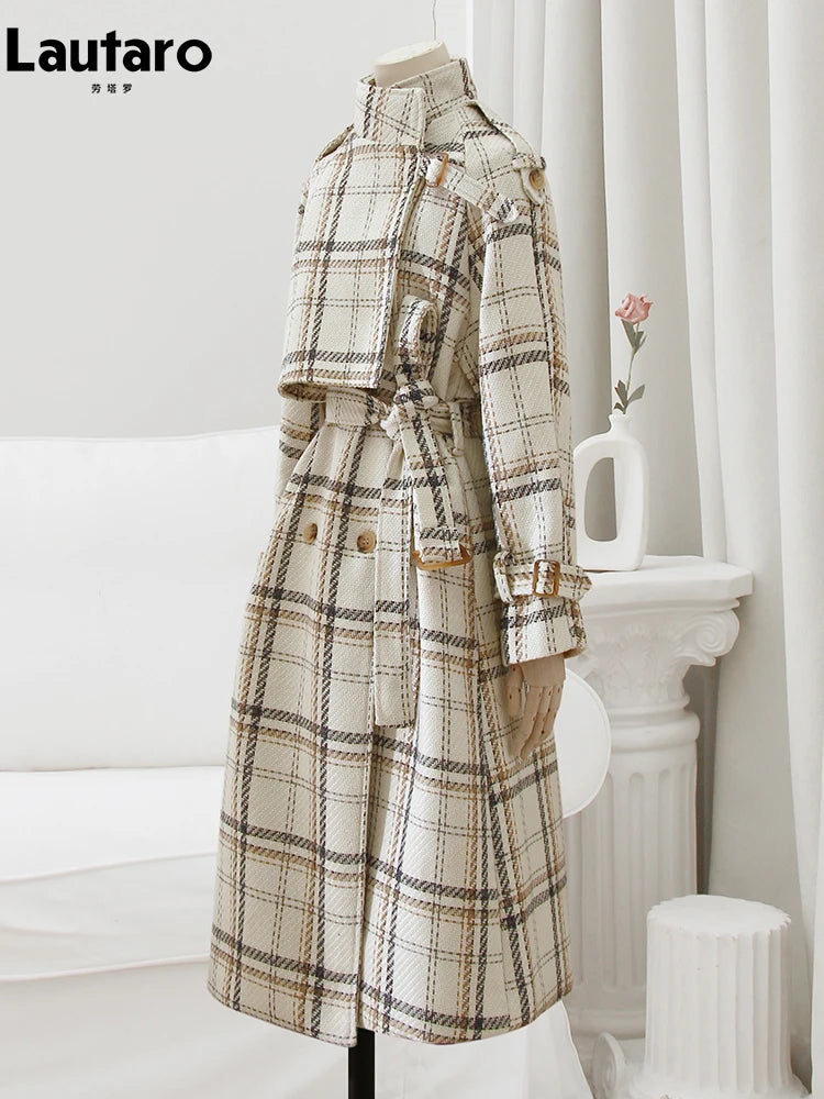 Lautaro Outono Inverno Longo Solto Quente Xadrez Lã Misturada Trench Coat para Mulheres Manga Raglan Cinto Abotoamento Duplo Sobretudo de Lã
