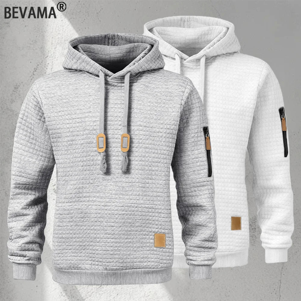 Moletom Masculino de Outono com Capuz Padrão Waffle Manga Longa Cor Sólida Casual Quente Pulôver Esportivo Masculino para Ar Livre