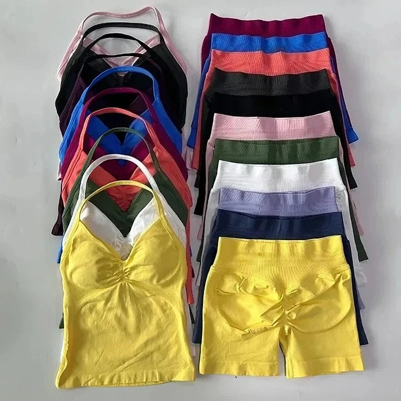 Conjuntos de Academia Femininos 2 Peças Impacto Sem Costura Fitness Yoga Roupa Esportiva Halter Top Shorts Roupa de Treino Corrida Roupa de Academia