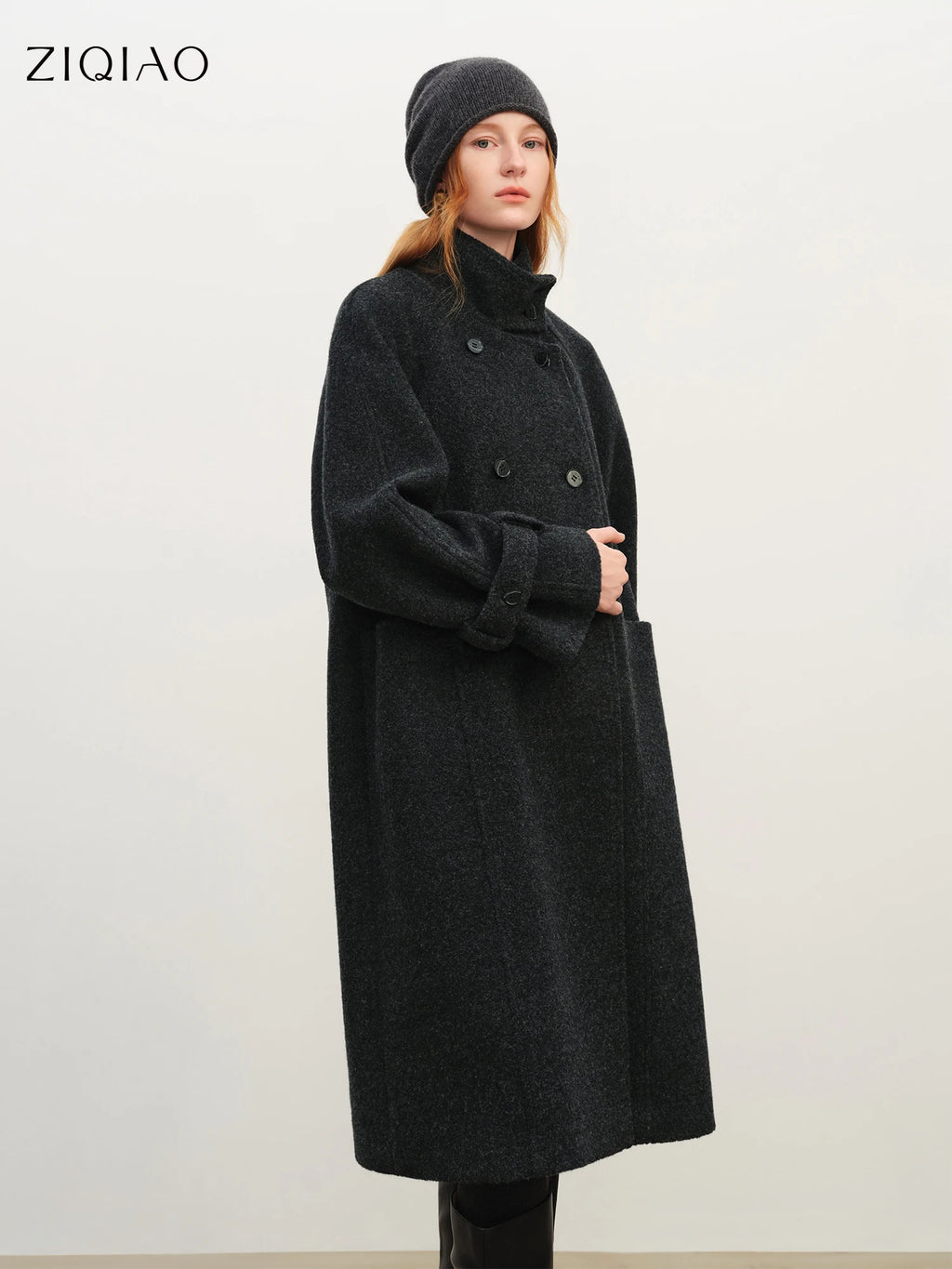 Casaco Oversized Feminino de Lã Tweed com Gola Entalhada ZIQIAO, Tamanho Pequeno, Lançamento de Inverno 2025, Abotoamento Duplo