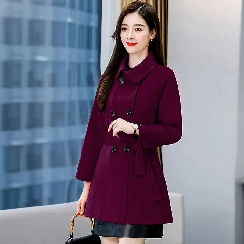 Casaco Feminino de Lã para Outono Inverno Novo Casaco Casual com Cinto Dupla Carreira Acinturado de Lã Quebra-Vento Outwear