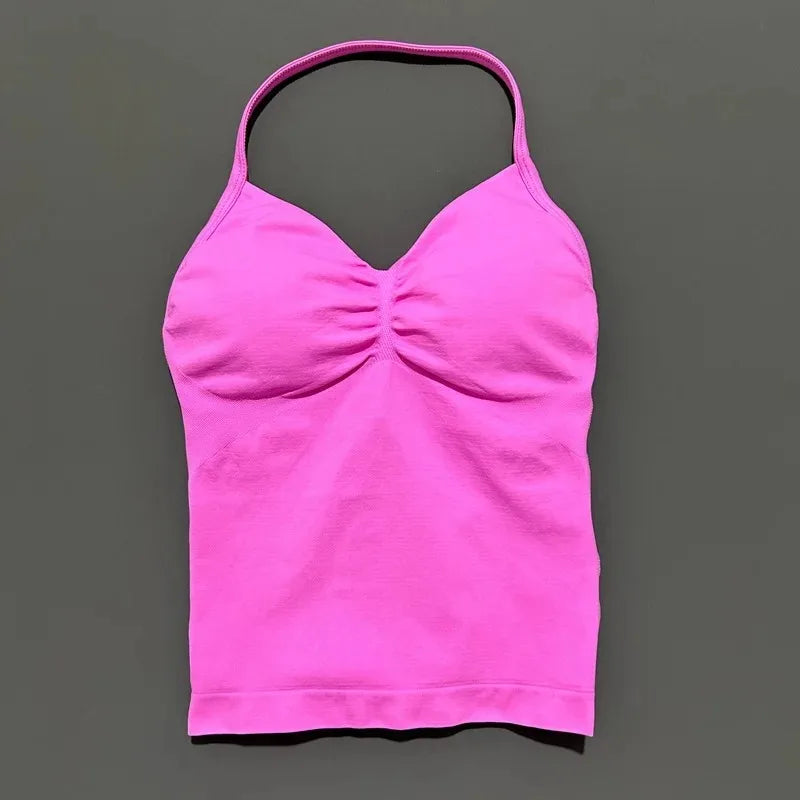 Conjuntos de Academia Femininos 2 Peças Impacto Sem Costura Fitness Yoga Roupa Esportiva Halter Top Shorts Roupa de Treino Corrida Roupa de Academia