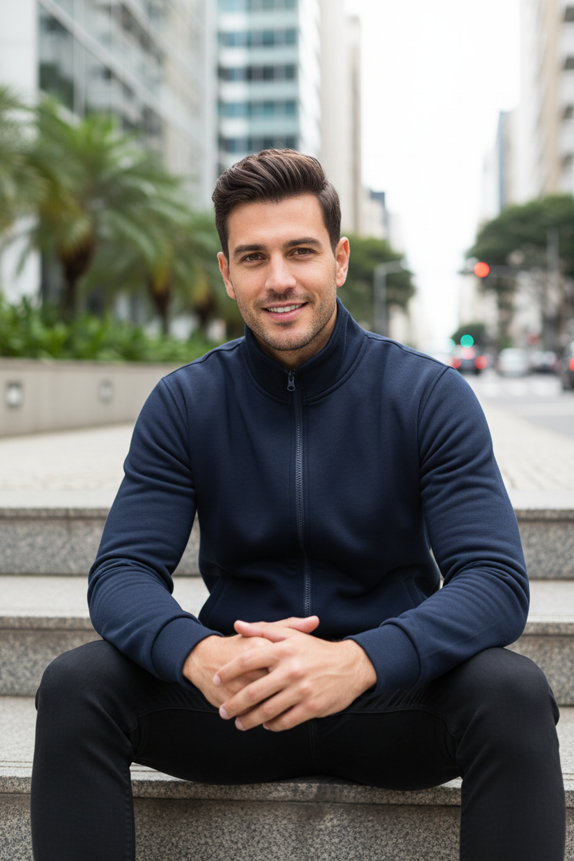 Jaqueta Masculina Esportiva Casual com Zíper e Gola Alta — Slim e...